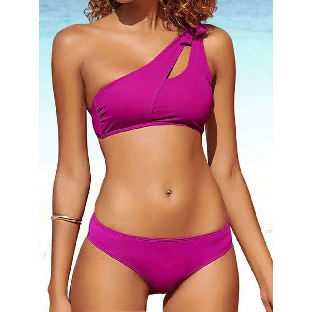 Bikini 2025 New Swimsuit Women Swimwear Solid Black One Shoulder Bikinis Set Bathing Suit Female Two Pieces Beach Wear Biquini Y260303