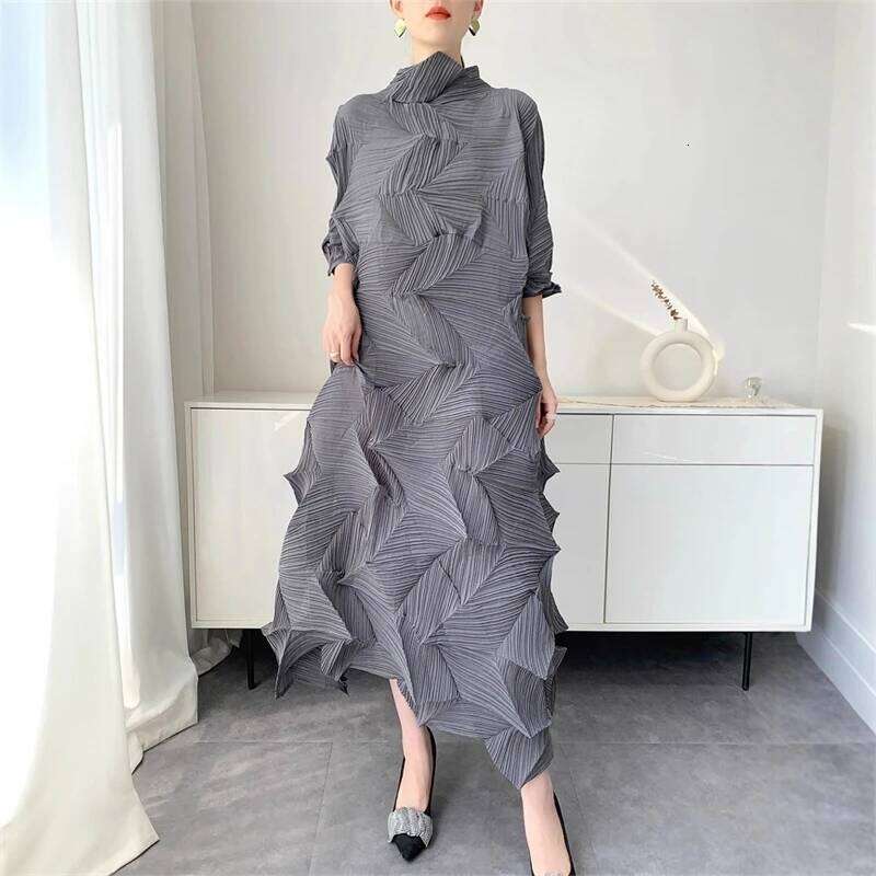 LANMREM Long Dress For Women Elastic Loose Irregular Pleated Stand Collar Pullover Famale Clothing Half Sleeve DB MAKOUFEI