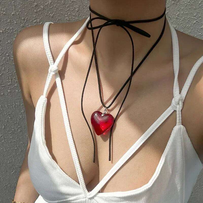 Y2k Heart Necklace for Women Fashion Hip Hop Red Hearts Pink Pendants Necklaces Rope Chain Girls Rave Gift Gothic Jewelry H260312
