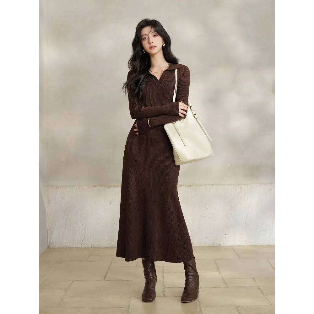 Women Elegant V Neck Ribbed Knit Maxi Lady Slim Fit Long Sleeve Sweater Dress Chic Casual Early Spring Daily Wear Style Z260314