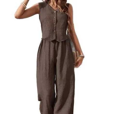 Casual Cotton Linen V-neck Single Breasted Sleeveless Vest wide Leg Pants Womens Fashionable Comfortable Daily Commuting Set M260313