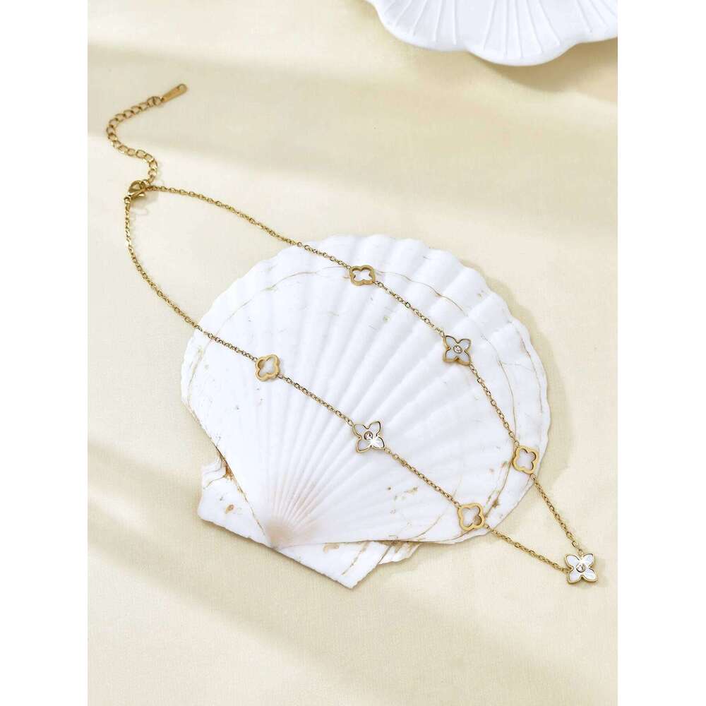 Fashion Commuter Light Senior Sense Stainless Steel Set Diamond White Shell Flower Lockbone Chain Women'S H260312