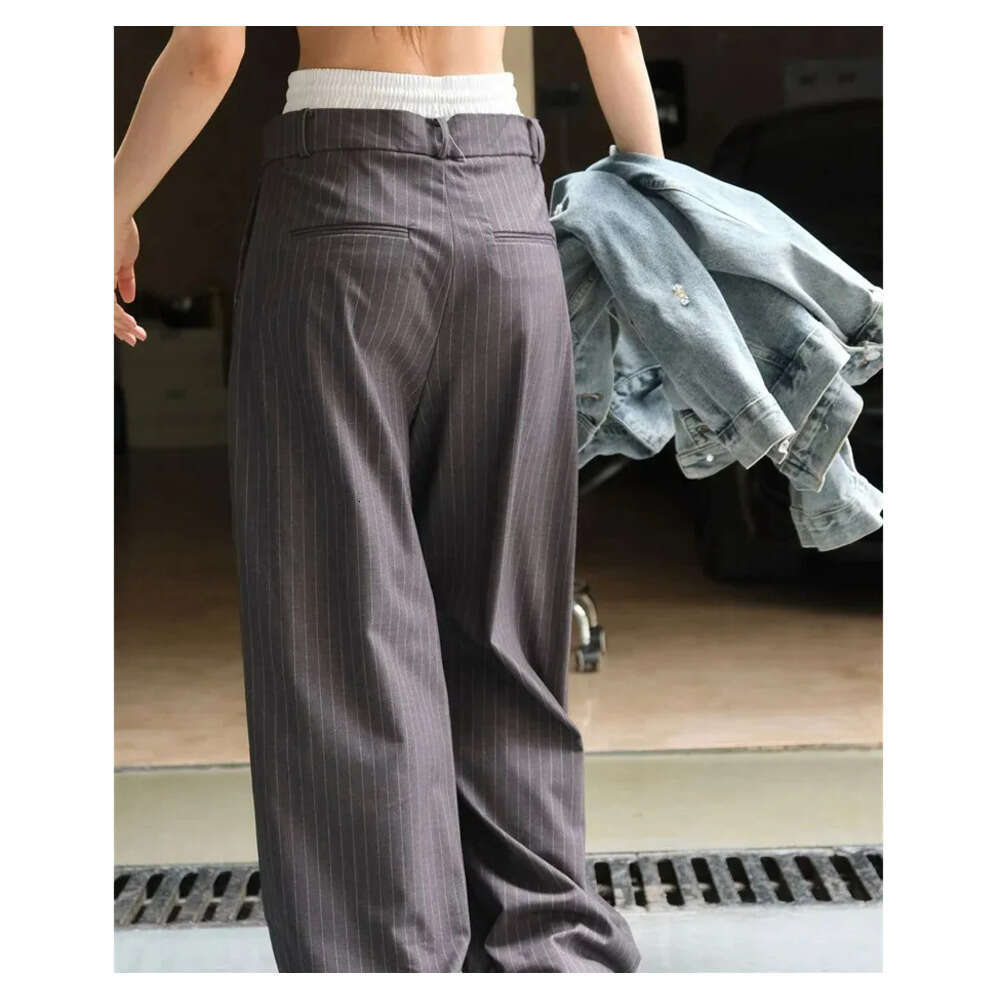 HanOrange Autumn Casual Waist Splicing Striped Pants Womens Loose Wide Legs Felt Trouser Grey Z260314
