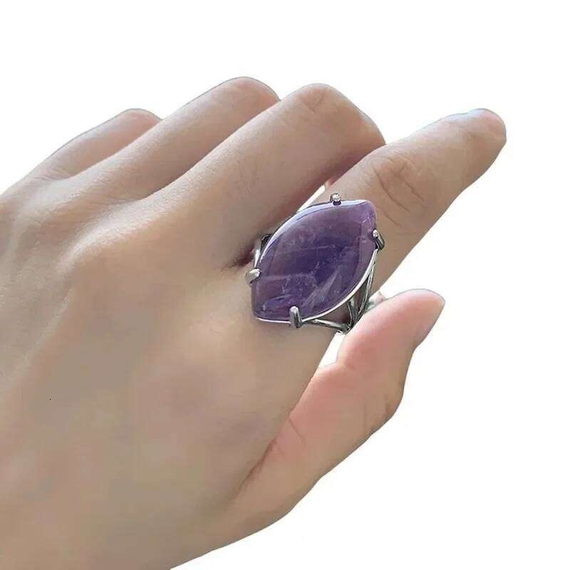 Oval Natural Stone Amethyst Ring for Boys Women Gift Retro Boho Gothic Anillos Steampunk Style At Halloween party H260312