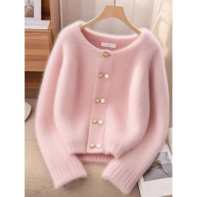 New Autumn Winter Cardigan Women Fashion Casual Pink Round Neck Loose Thick Warm Knitwear Ladies Sweater Female Top Z260314