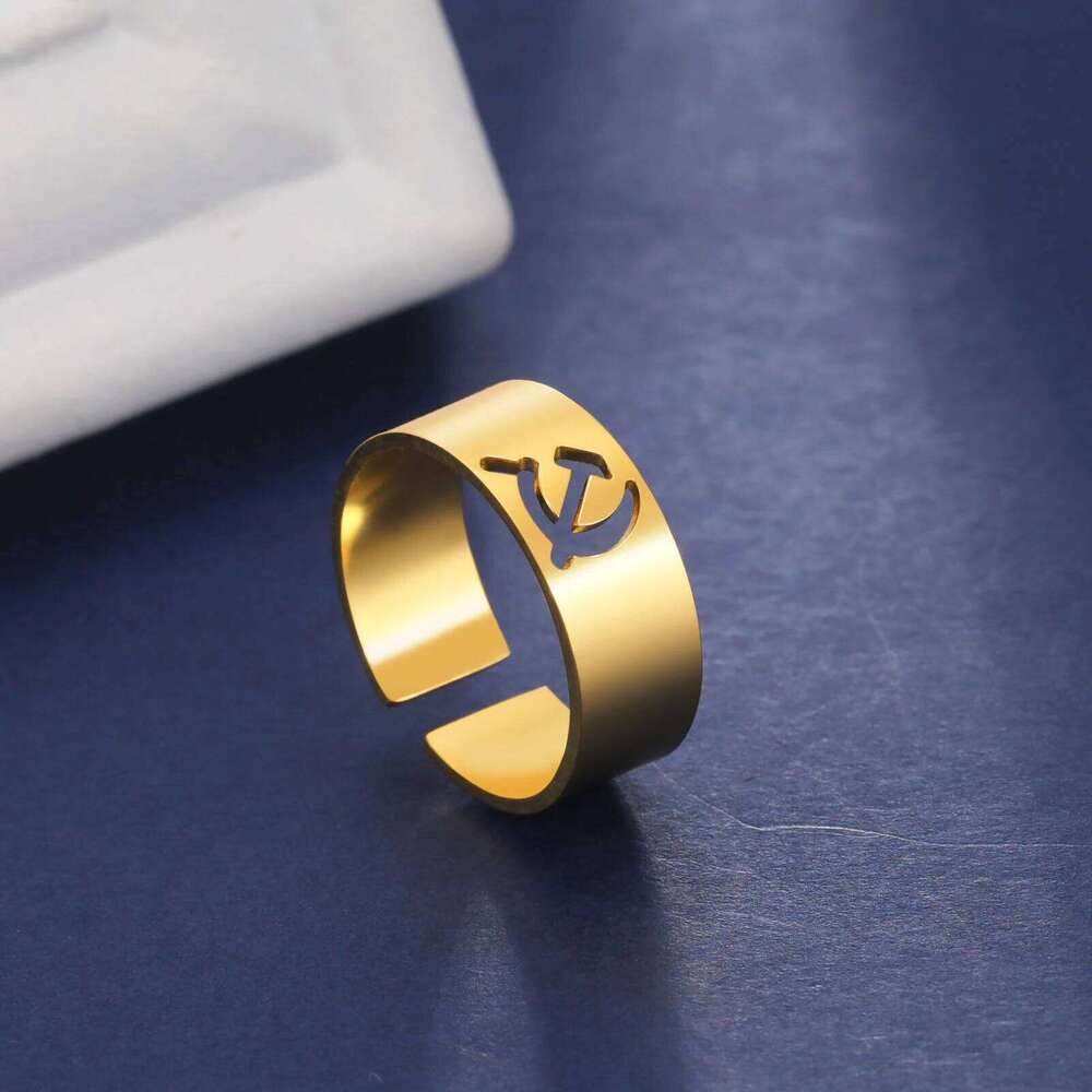 Lemegeton 2024 USSR Symbol Logo Hammer Sickle Ring Stainless Steel Opening Adjustable Vintage Jewelry Party Accessories H260312
