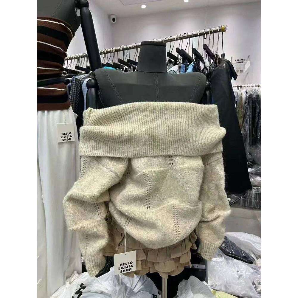 Fashion Slash Neck Knit Sweater Korean Loose Lazy Style Off Shoulder Knitwear Y2K Solid All Match Long Sleeve Female Jumpers Z260314