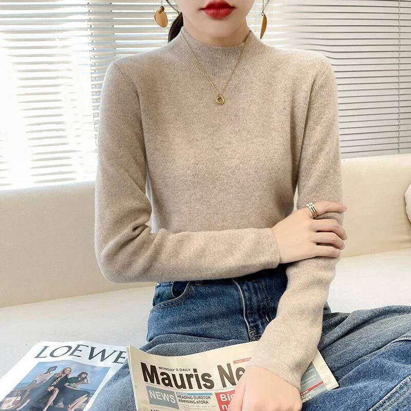 2025 Autumn/Winter New Women's Wool Blended Loose Half High Neck Solid Short Pullover Bottom Knit Sweater Ladies' Top Z260313