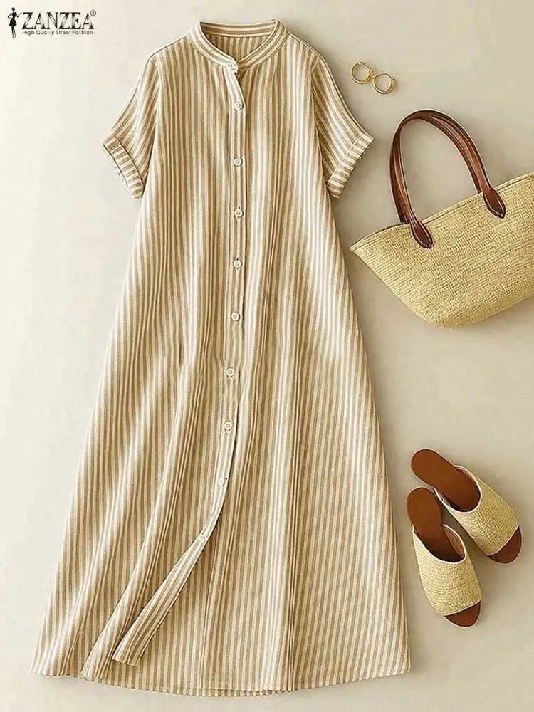 ZANZEA Womens Casual Striped Midi Dresses Stand Collar Short Sleeve Buttons Shirtdress Spring Summer Holiday Woman Clothes 3XLT260314