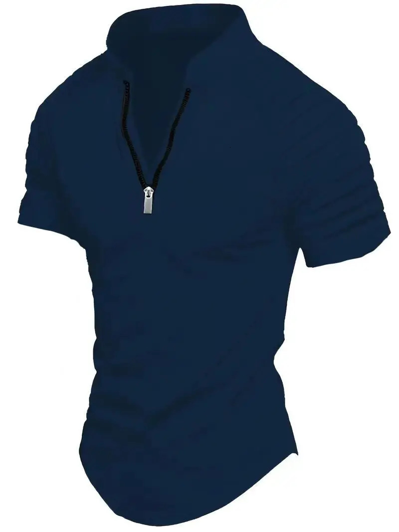 Mens POLO Shirt Spring Sports Solid Color Standing Collar Pleated Zipper Breathable Casual Summer Fashion Top Short Sleeve 260312