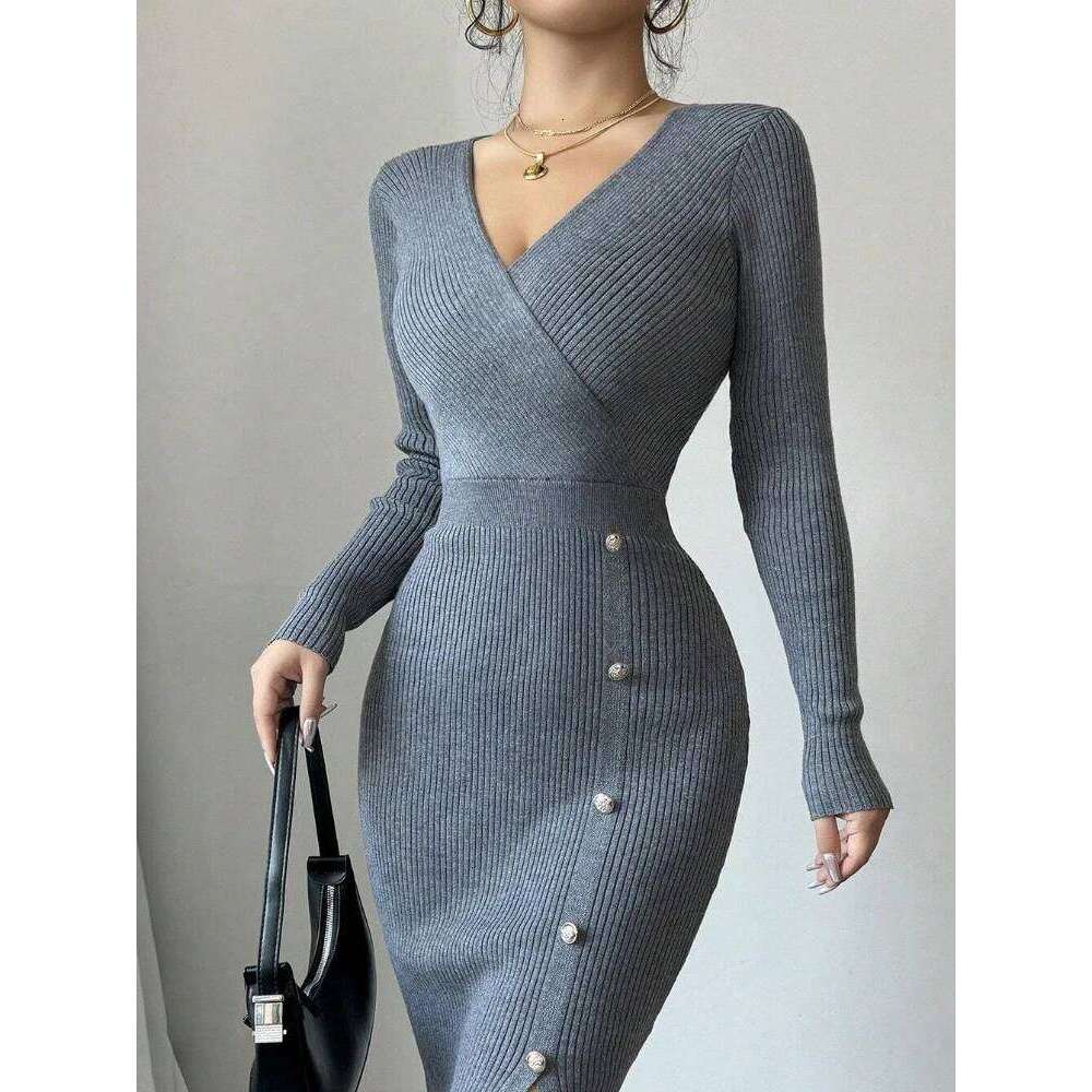 Spring Autumn Sexy Deep V-Neck Knit Dress for Women Button Long Sleeve Sweater Woman Sid Slit Budycon Dresses Ladies Clothing Z260314