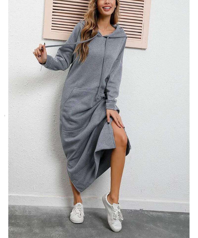 Women Dresses Autumn Winter Hoodies Hooded Big Pocket Sweaters Dress Long Sleeved Casual Loose Elegant Office Lady Vestidos Z260313
