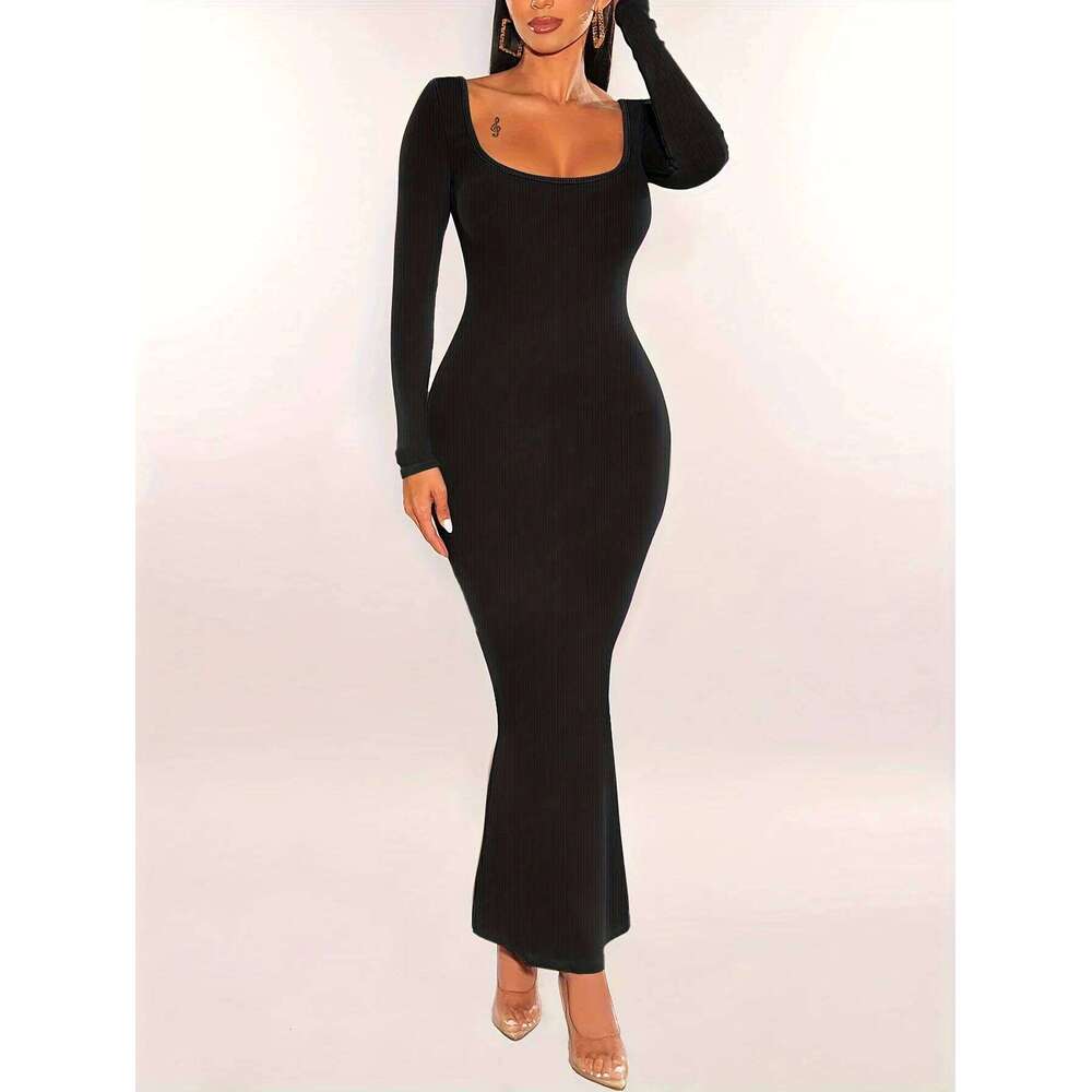 Women Ribbed Knit Sleeve Maxi Slim Fit Solid Color Bodycon Pencil Long Dress Casual Fall Spring Clothes Z260313