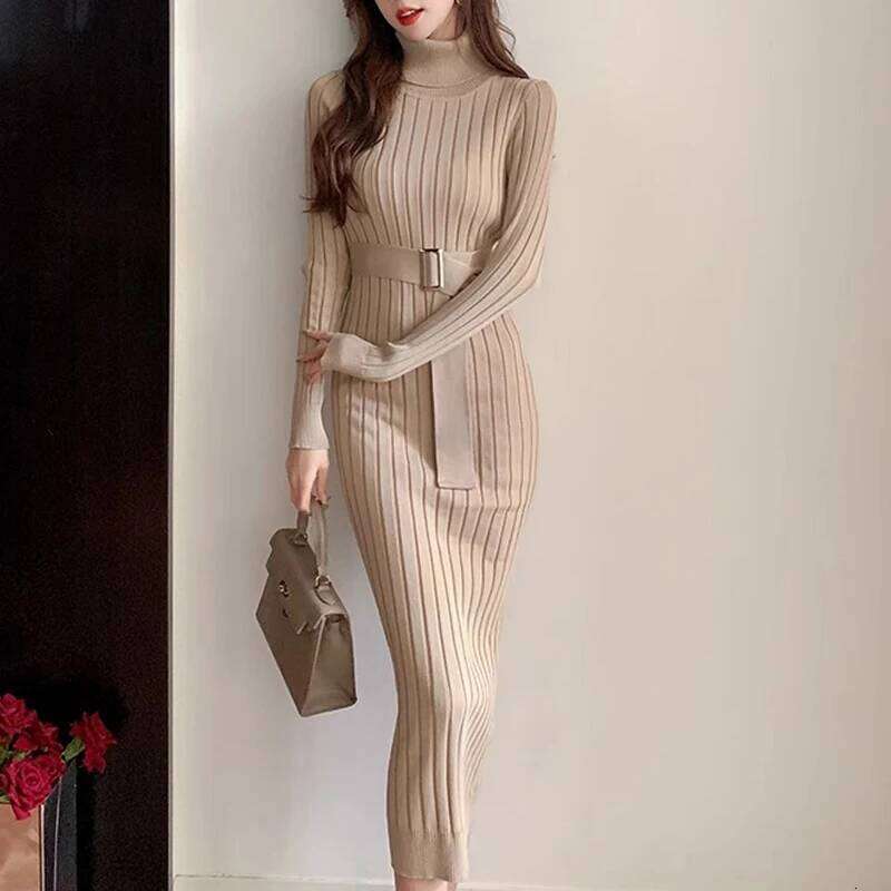 YuooMuoo Chic Fashion Sexy Package Hips Rib Knitted Bodycon 2024 Autumn Winter Turtleneck Belt Sweater Dress Long Vestidos Z260313