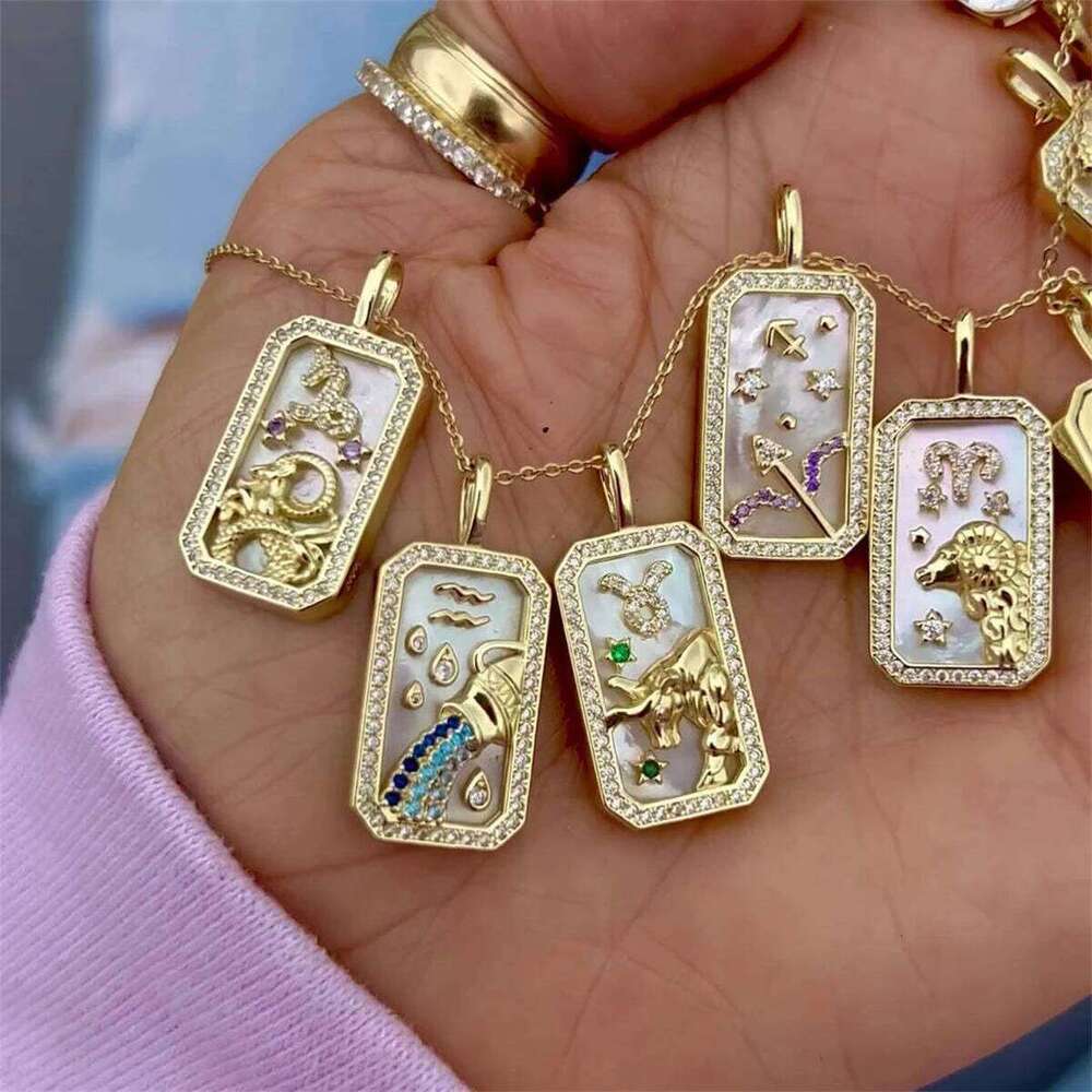 Twelve Constellation Pendant Necklace with Zircon, Gold Plated Clavicle Chain, Retro Jewelry Gift for Women H260312