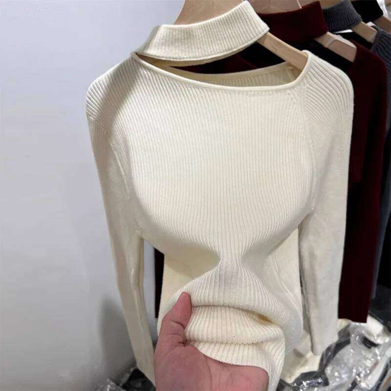 Autumn Korean Style Women Pullover Tops Off Shoulder Long Sleeve Knitted Sweaters Female Jumpers Solid Basic Sweater Z260313