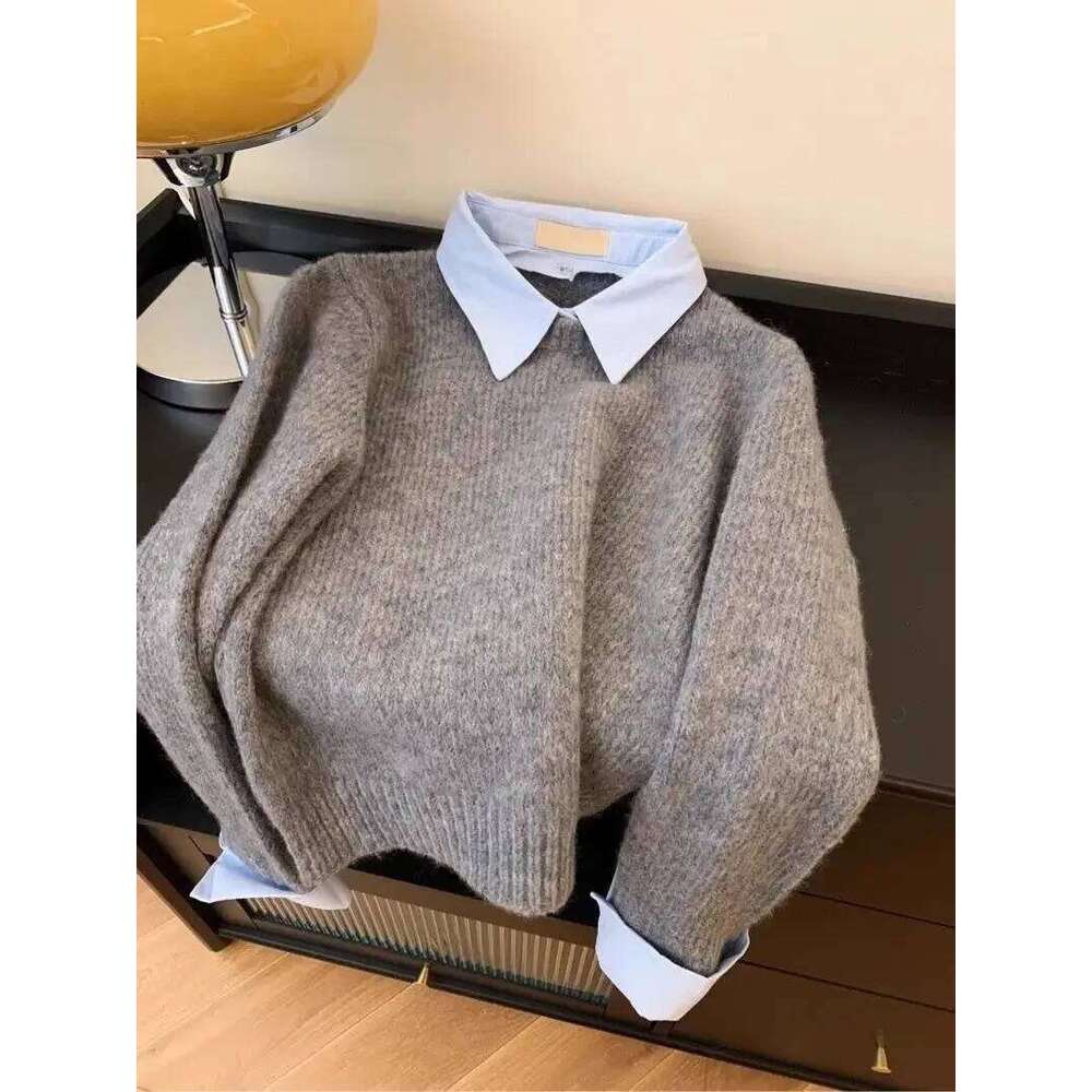 Shirt Collar Long Sleeved Sweater Korean Fake Two-piece Color Block Knitted Pullover Top Women's Autumn Loose Versatile Coat Z260314
