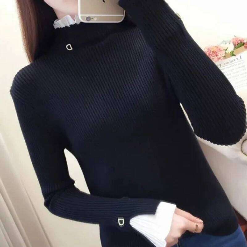 Y2k Turtleneck Women Sweaters Korean Lace Patchwork Female Warm Pullovers Autumn Elegant Chic Flare Sleeve Ladies Casual Tops Z260314