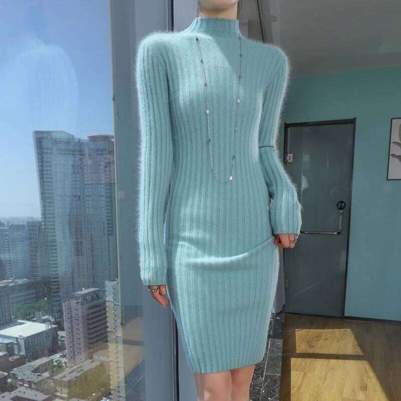 Autumn winter mink fur sweater, women's semi high neck slim fit dress, mid length pullover, Korean version knitted base sweater Z260313