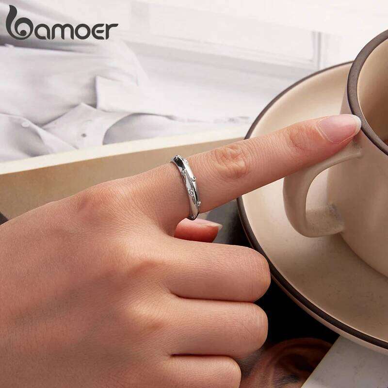 Bamoer 3D Punk Planet Open Oxidized Moon & Star Stacking Finger Ring for Women Minimalist Party Gift 925 Sterling Silver H260312