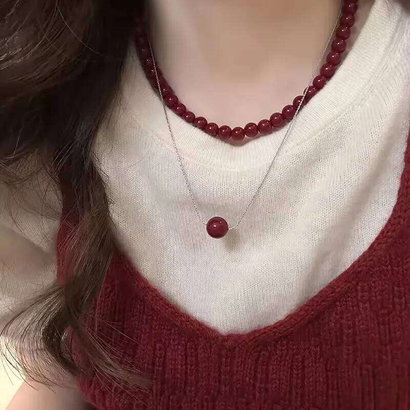 Red Round Glass Bead Necklace Retro Collarbone Chain Accessories for Women H260312