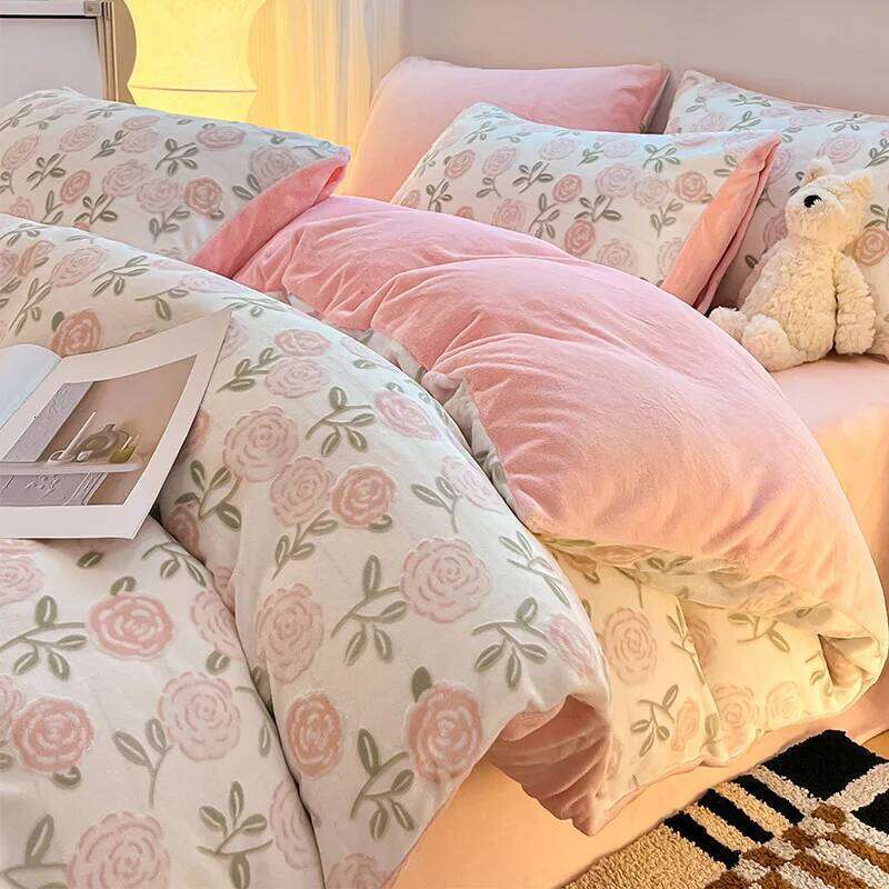 2025 new winter carved milk four-piece set thickened coral fleece quilt cover flannel bedding H260312 - view 7
