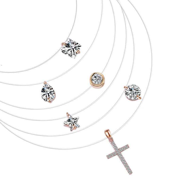 Cubic Zirconia Pendant Necklace Women Invisible Transparent Fishing Line Choker Oval Heart Star Geometric Necklaces H260312