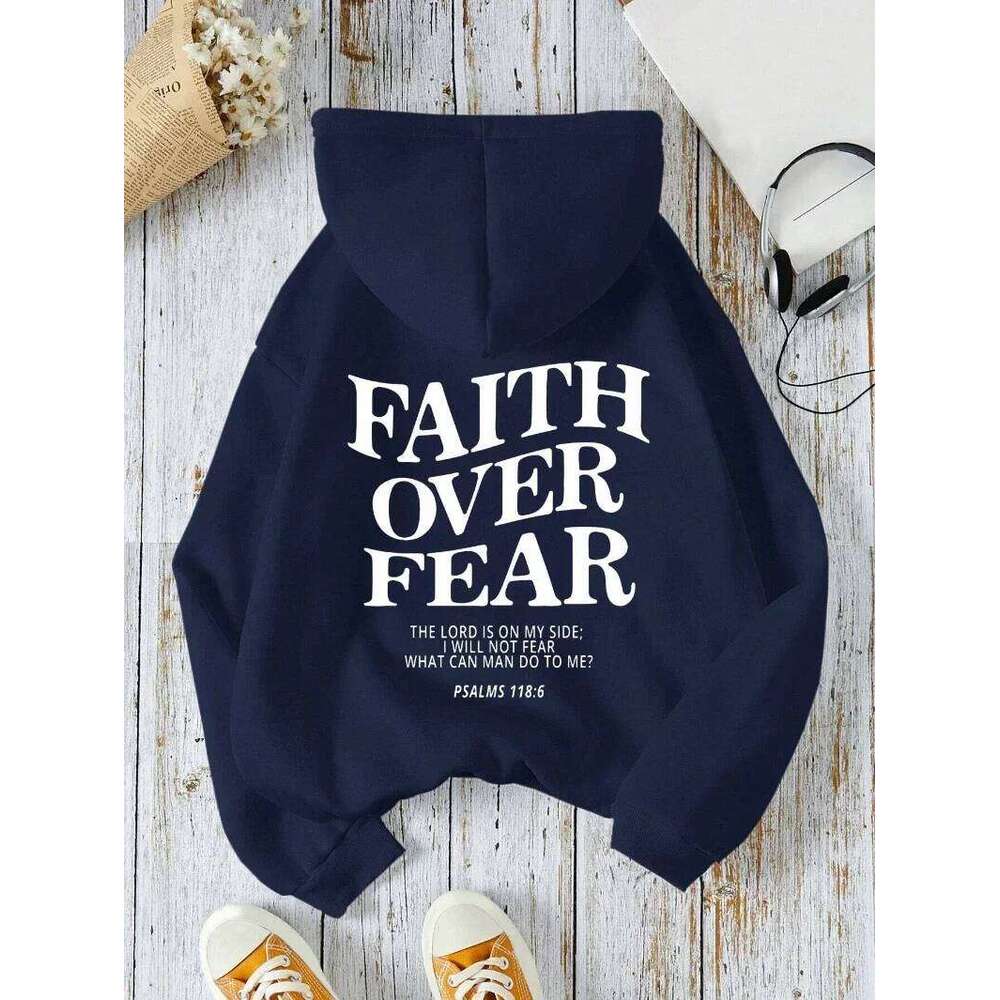 Casual hoodie, faith overcomes fear, letter printed sweatshirt, warm and comfortable pocket pullover, autumn streetwear Z260315