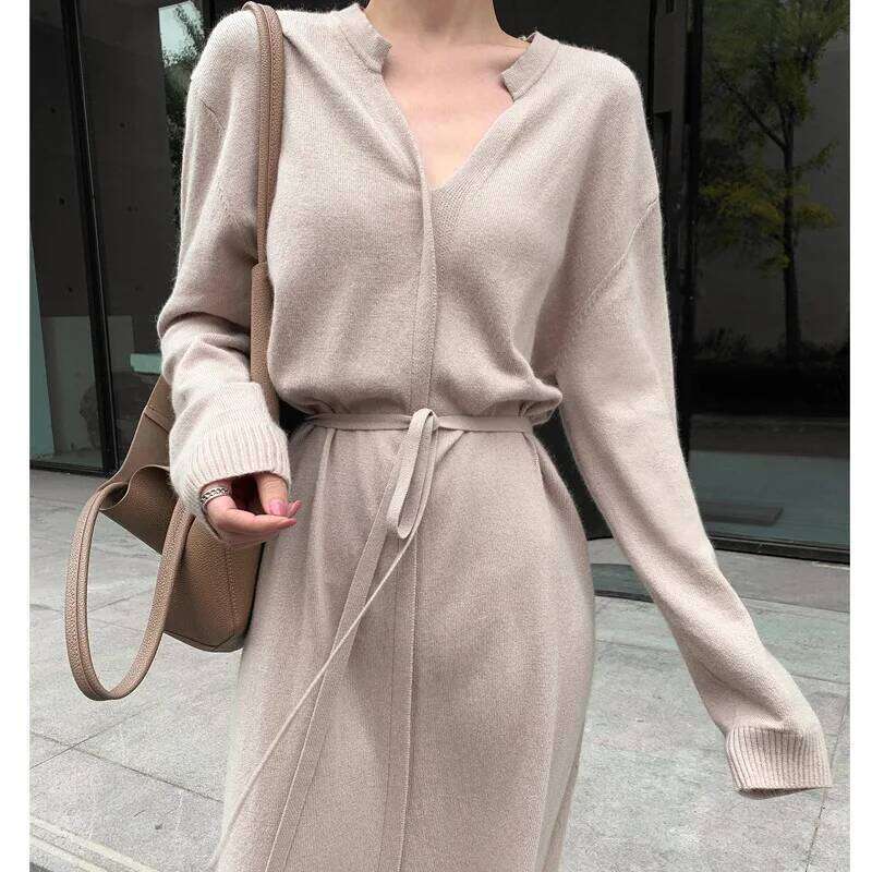 2025 Autumn Winter Korean Style Simple Elegant Women Slimming Solid Color Medium-length Knee-length Drawstring Knit Dress Z260314