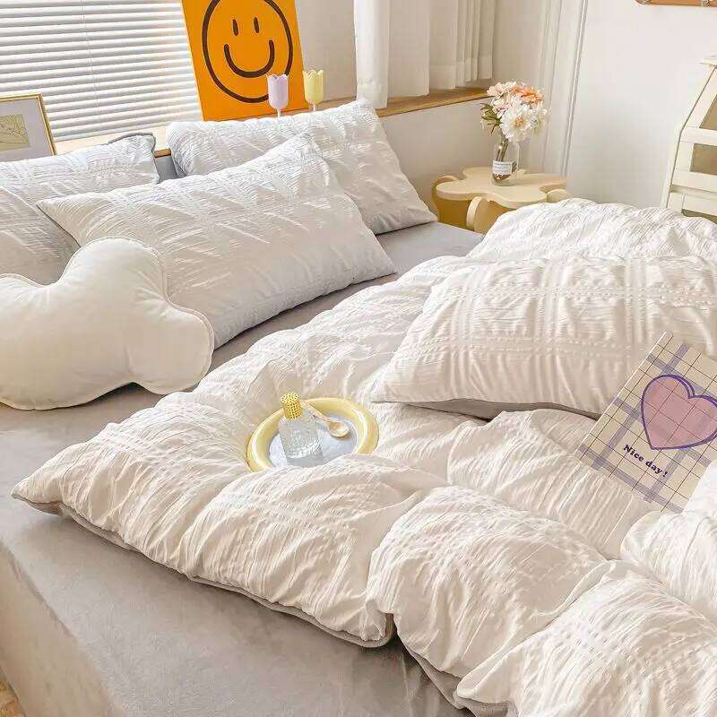 Simple Bubble Style Ab Single Quilt Bedding Four-piece Set Coral Mattress Cover Milk Fleece Bed Sheet H260312 - view 6
