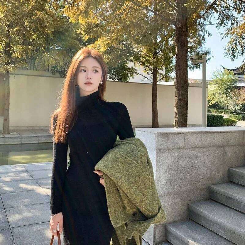 White Turtleneck Knitted Dress in Autumn Winter New Fit Slim Bottoming Hip-covering Long Skirt Z260314