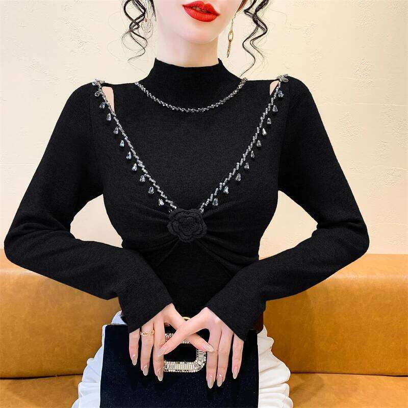 2025 New European Clothes Knitted Sweater Women Chic Sexy Hollow Out Beading Flower Knitwear Long Sleeve Pullovers Z260313