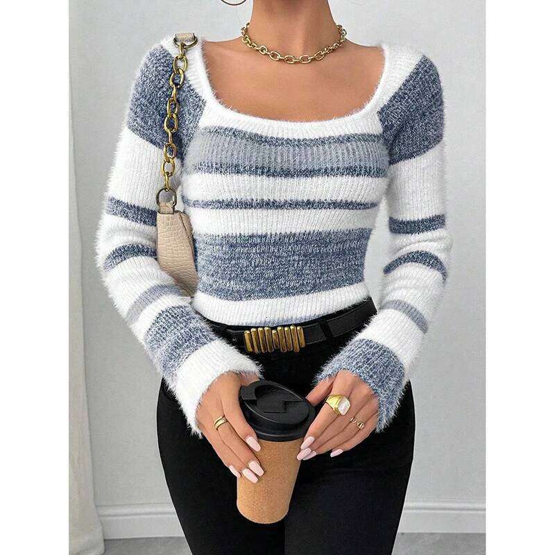 2025 New Autumn Winter Slim Fit Square Neck Women's Striped Faux Mink Soft And Cozy Style Knitted Sweater Z260313