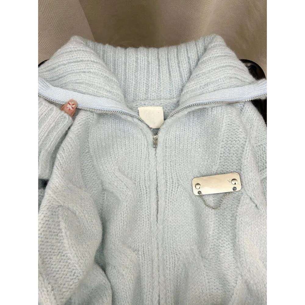 Women American Retro Blue Knitted Sweater Autumn Winter Casual Solid Y2k Cardigan Coat Ladies Sweet Fashion Outwear Tops New Z260313