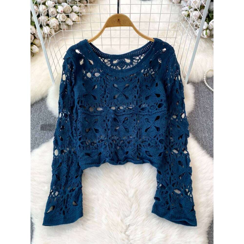 2024 Spring Summer Pullovers Tops Korean Fashion Long Sleeve Women Hollow out Knitted Shirt Round Neck Hook Flower Knitwear Z260314