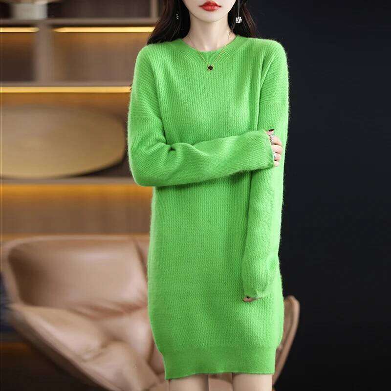 Autumn Winter New Round Neck Mink Cashmere Dress Women's Fashion Loose Slim Sleeve Pullover Long Skirt Korean Version Z260314