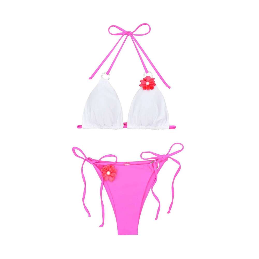 2025 Sexy Thong Bikinis Two Pieces Swimsuit Women Swimwear White Pink Beach Wear Bathing Suits Brazilian String Bikini Flower Y260303