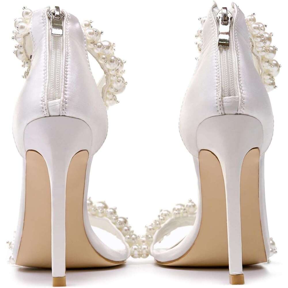 Women S Pearl Stiletto Heels Sandals Sexy Open Square Toe Sparkly Ankle Back Zipper Bridal Satin Wedding Party Dressy Heels Shoes MOJIDASHU