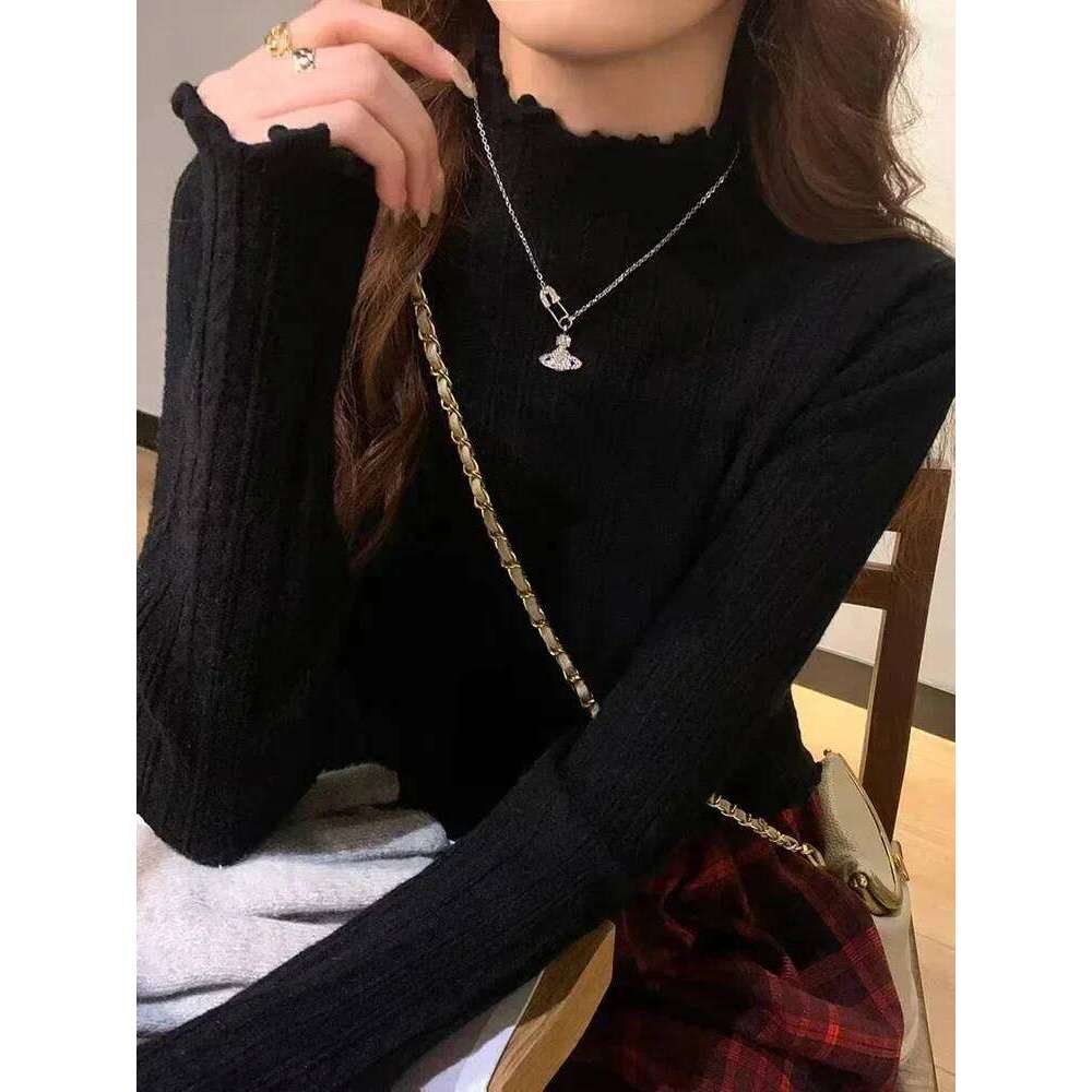 Autumn Women's Knitted Pullover Sweater Sweet Solid Ruffles Half High Neck Long Sleeved Shirt Casual Slim Fit Knitwear Z260314