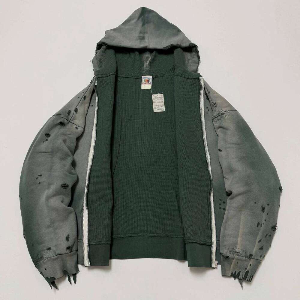 Washed Green SAINT Hole Hoodie Men Women High Quality Heavy Fabric Cardigan Hooded Pullover Z260315