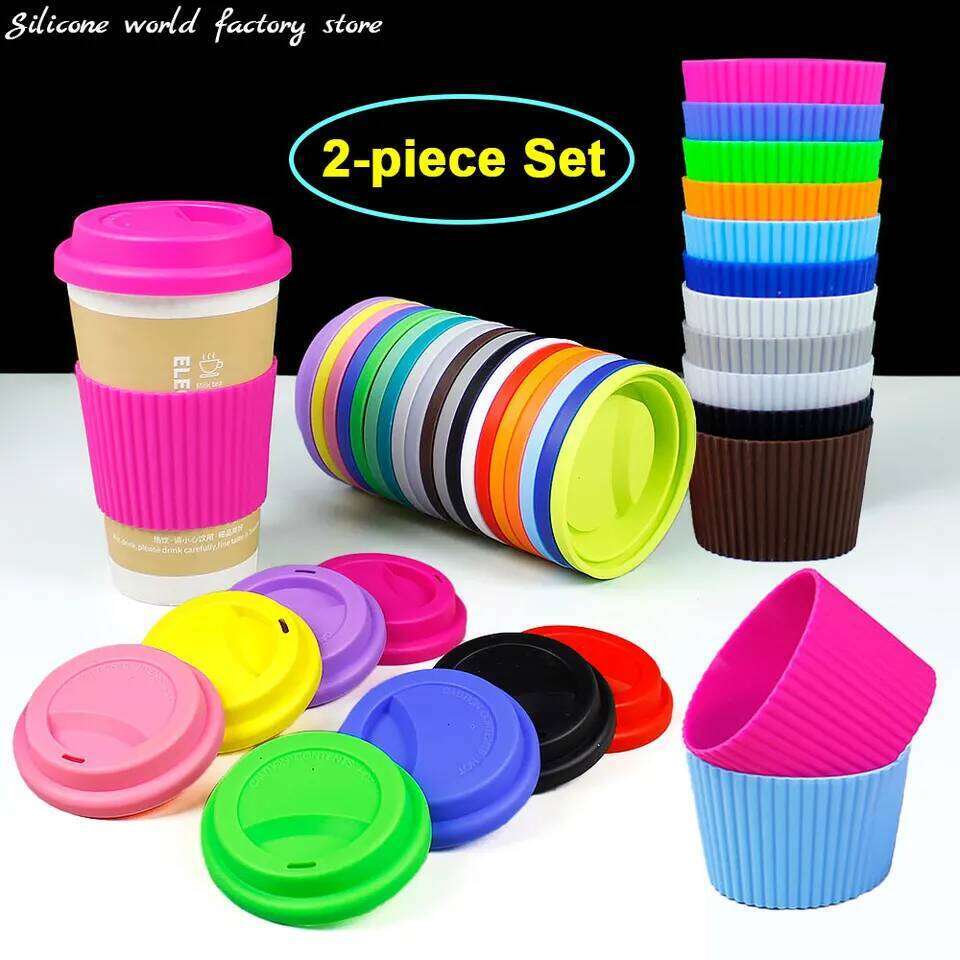 World 2PCS/Set Silicone Anti Slip Heat Insulation Sleeve Coffee Mug Glass Cover Anti-Dust Cup Lids Z260314