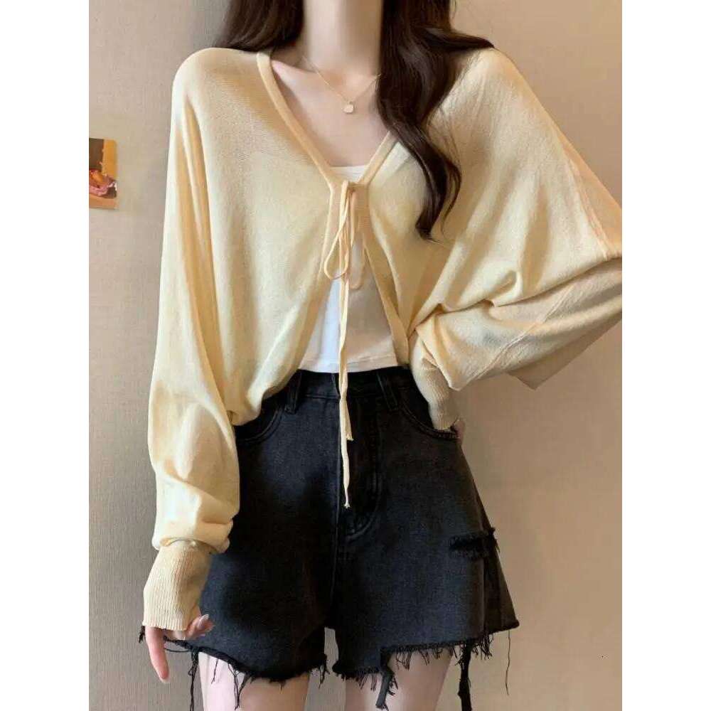 Thin Black Ice Silk Sun Protection Cardigan for Women Knitwear Summer Cover Up Large Size Lazy Sleeve Shawl Strap Outerwear Top Z260314