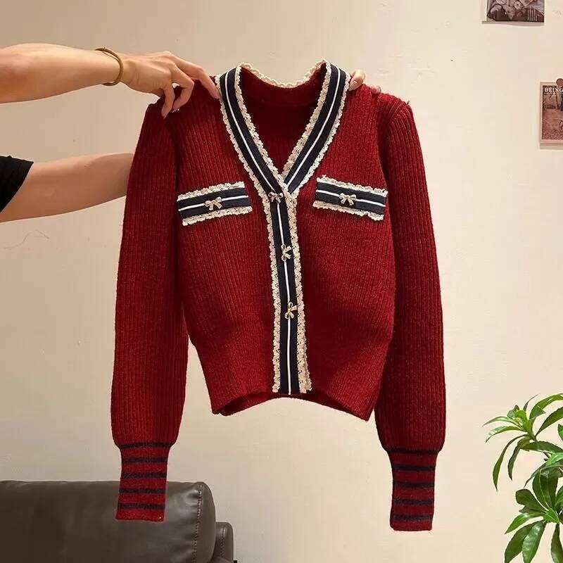 Autumn Winter Preppy Style Patchwork V-neck Long Sleeve Knitting Cardigan Femme Fashionable Buttons Thick Sweater Coat Women Z260313