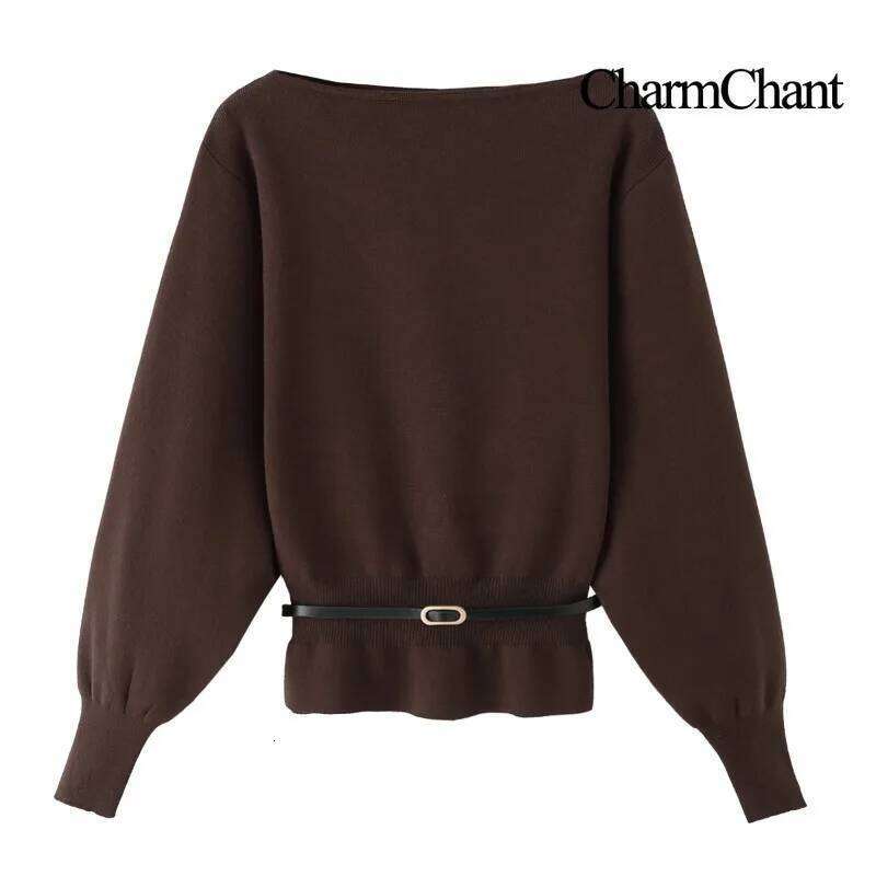 CharmChant Belted Waist Boat Neck Knit Sweater for Women Spring Autumn 2026 Cozy Knitwear Jumper Puff Sleeves Pullovers Woman Z260313