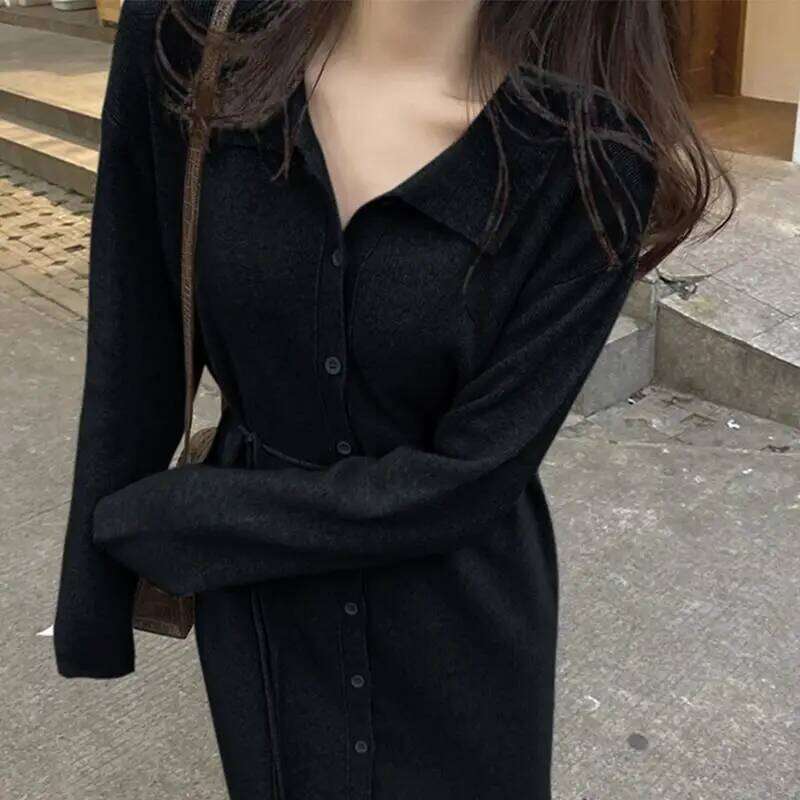 Women Spring Autumn Solid Color Turn Down Collar Long Sleeve Knitting Sweater Cardigan Slim Korean Bodycon Party Midi Dress Z260313