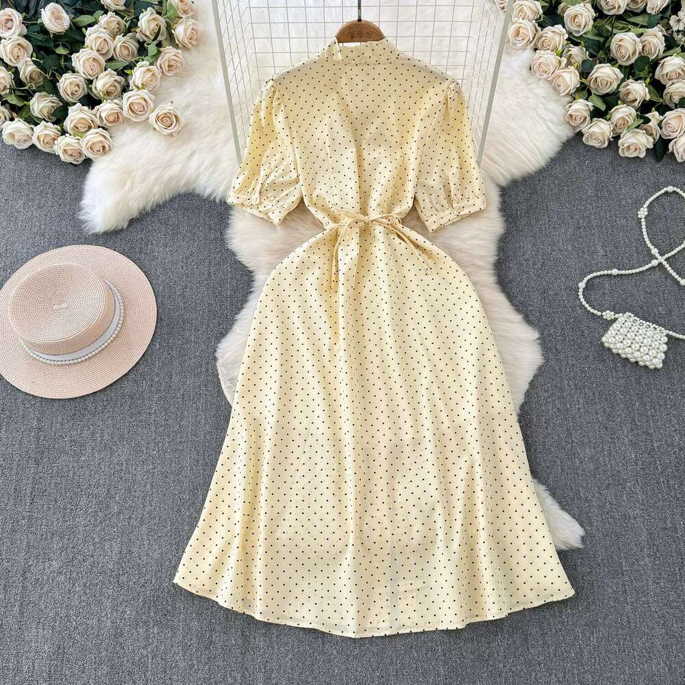 French classic polka dot short sleeved women's 2026 summer new multifunctional mid length A-line skirt suitable for commuting