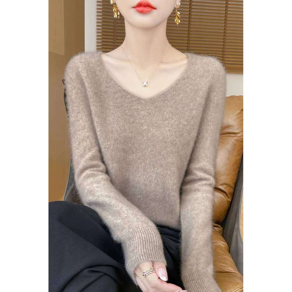 Autumn Winter Women Cashmere Casual V-neck Pullover 100% Merino Wool Knitwear Basic Bottom Sweater Korean Popular Z260313