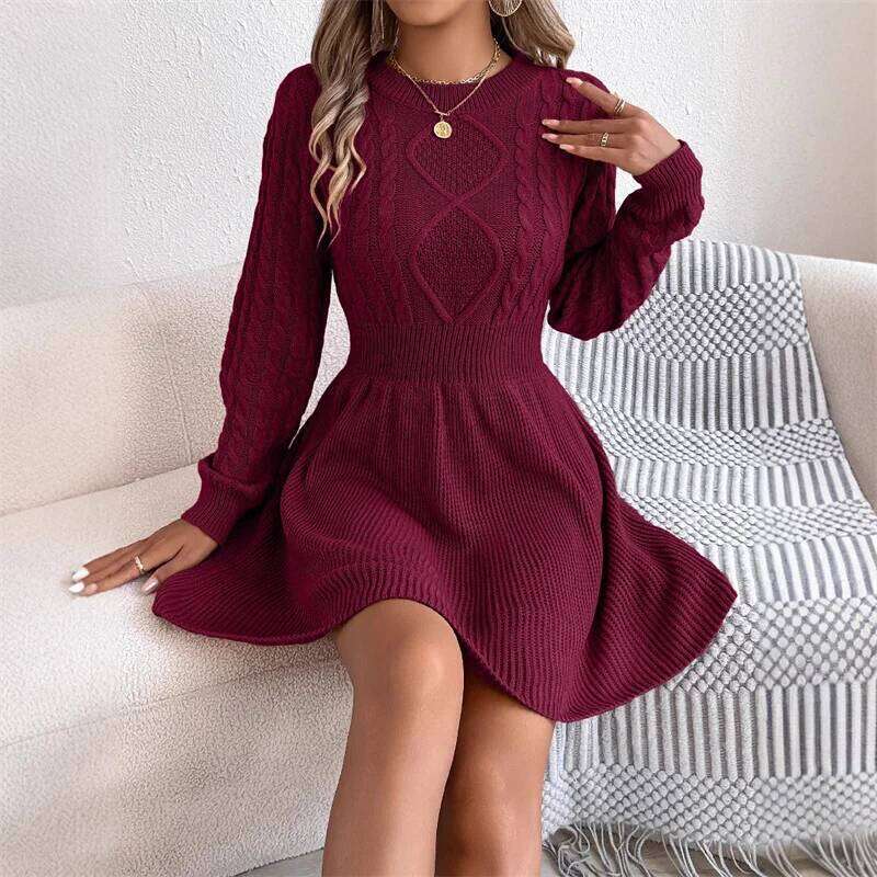 New Women's Autumn Winter Fashion O Neck Knitted Sweater Dress Female Casual Solid Lantern Long Sleeved Warm Mini Length Dresses Z260313