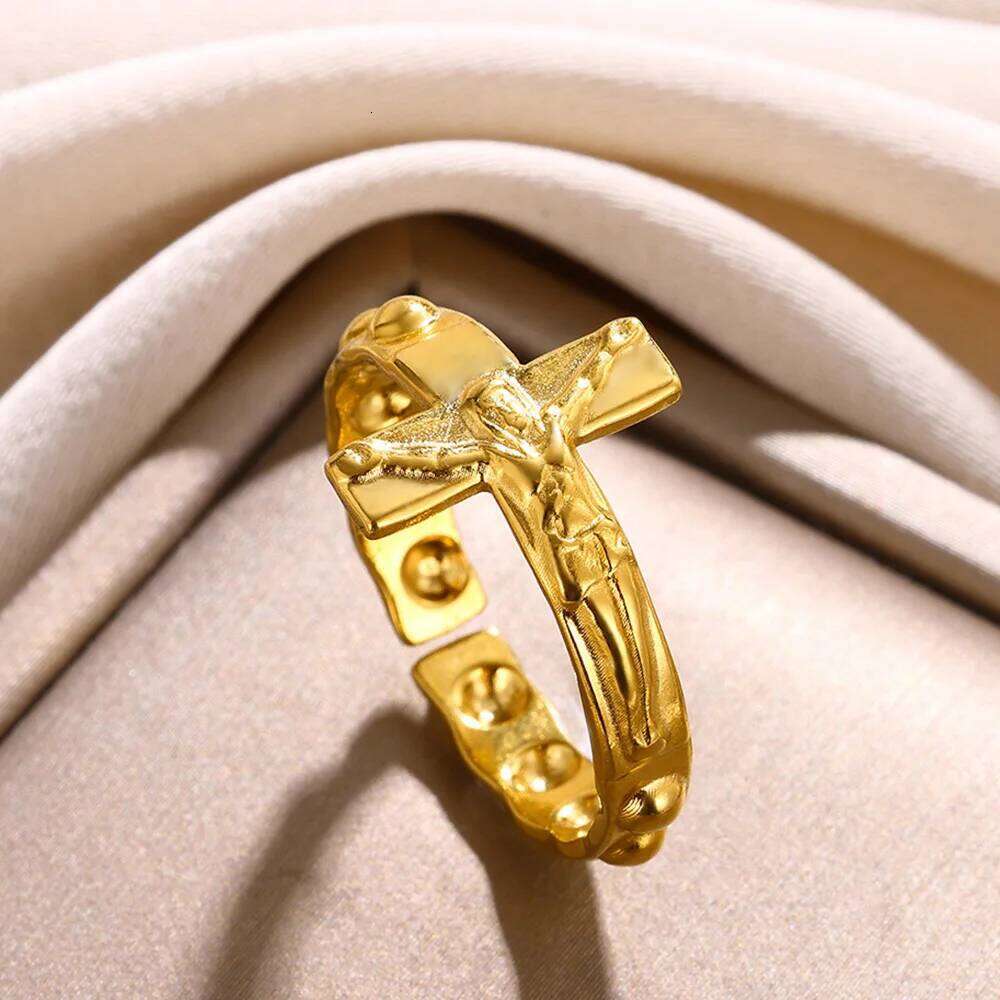 Vintage Rings For Women Men Gold Color Stainless Steel Jesus Cross Adjustable Ring Religious Party Jewelry Gift H260312