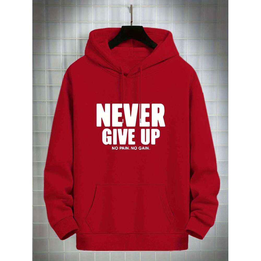 Men'S Never Give Up Print Fleece-Lined Pullover Kangaroo Pocket Stylish Streetwear Fall Casual Wear Hoodie Z260314